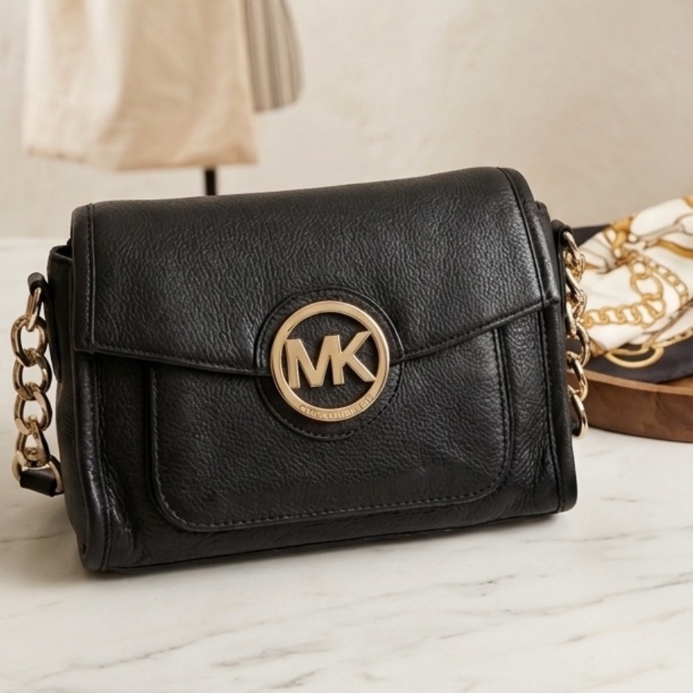Michael Kors Fulton Pebbled Leather Crossbody with large gold logo